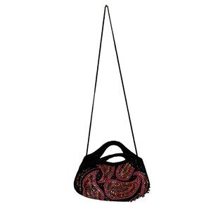 Elegant Black Beaded Shoulder Bag with Vibrant Paisley Design purse
